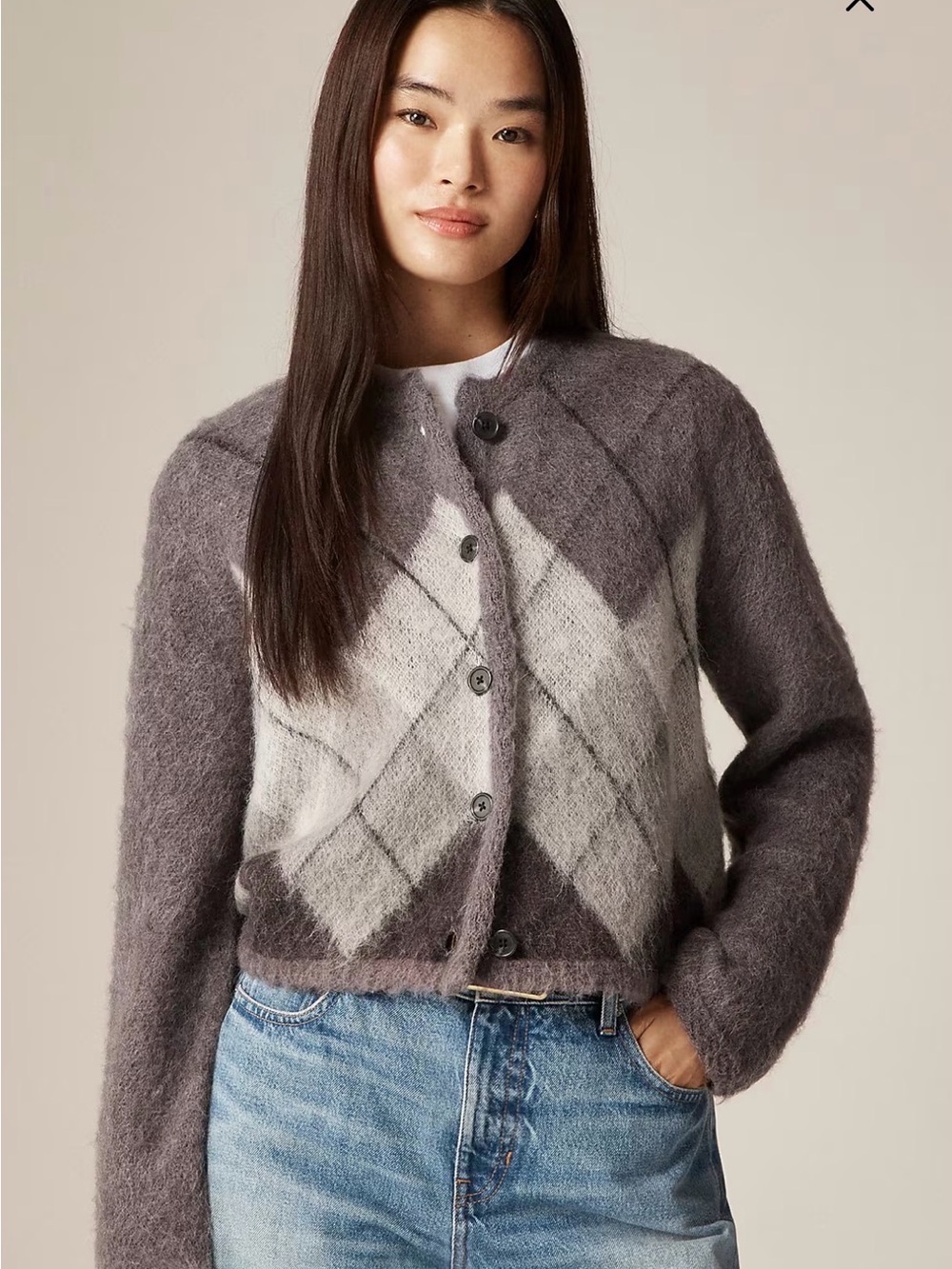 J. Crew Gray and White Argyle Fuzzy Button Cardigan